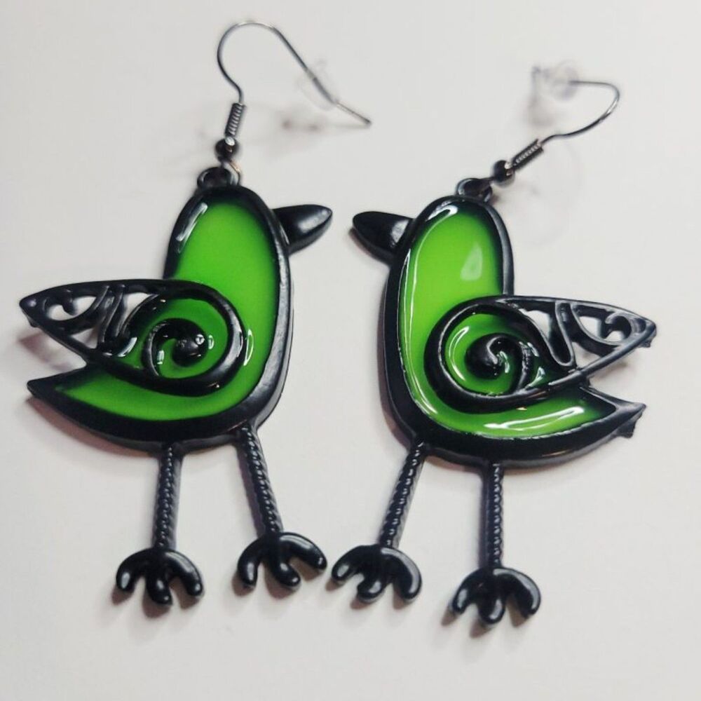 Amazing Large Avocado Green Stained Glass Bird Earrings Pierced Hypoallergenic